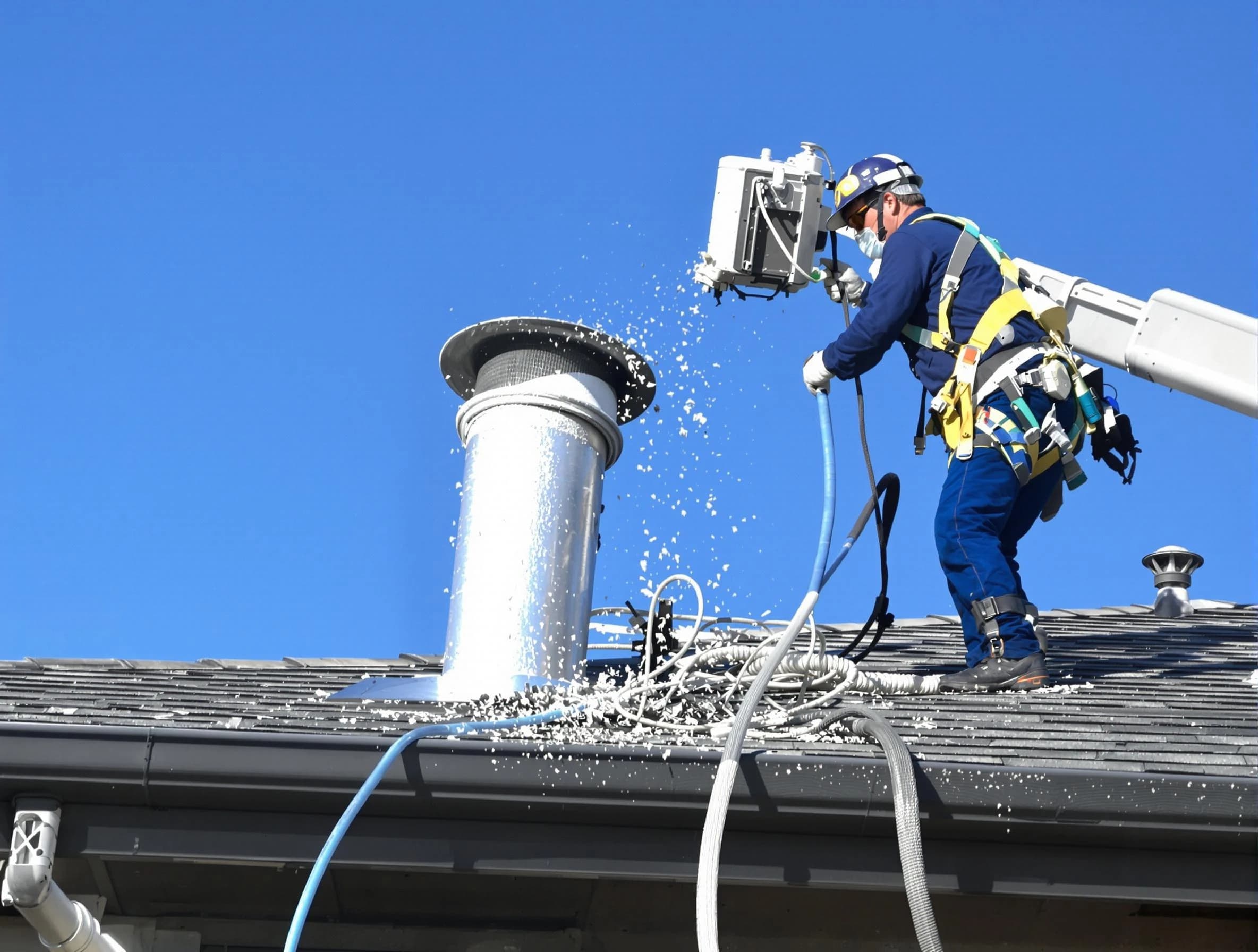 Cherry Creek Dryer Vent Cleaning certified technician safely cleaning a roof-mounted dryer vent in Cherry Creek